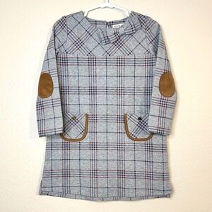 Hope & Henry Plaid Shift Dress Girls Size 3 Gray Elbow Patches Bow Trim